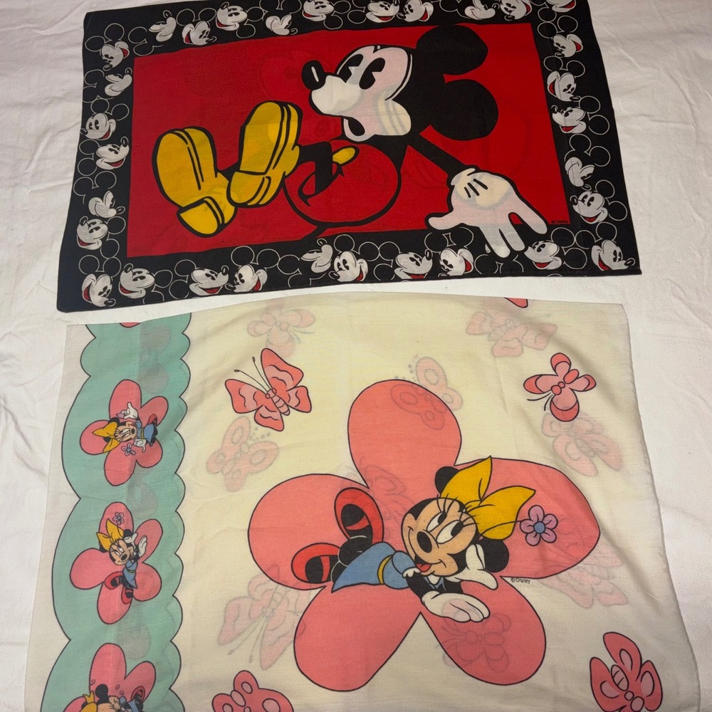 Vintage Disney Mickey and Minnie Mouse Pillowcase Set Red Floral Retro Graphic